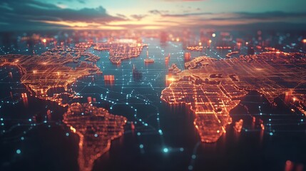 Obraz premium A captivating image symbolizing the interconnectedness of global logistics, with a glowing network of lines representing transportation routes spanning continents. It conveys efficiency, speed, and th