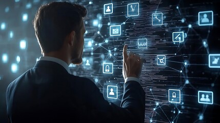A businessman engages with a digital network interface, navigating a world of data.