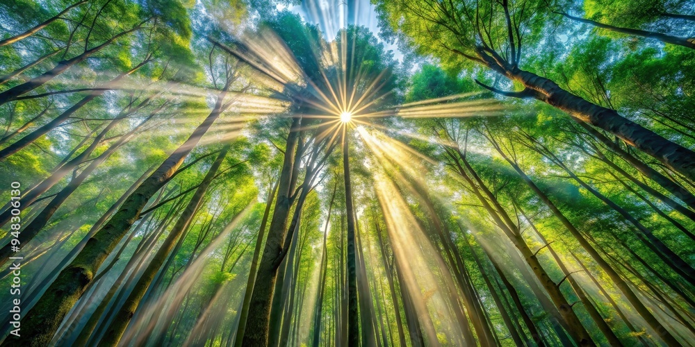 Poster sun rays shining through the canopy of tall trees
