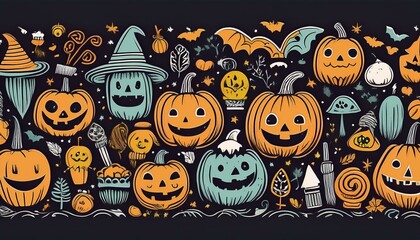 Fototapeta premium Hand-drawn Halloween border with whimsical illustrations.