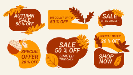 Autumn sale budges set. Fall discount collections labels with different  leaves and acorn.
