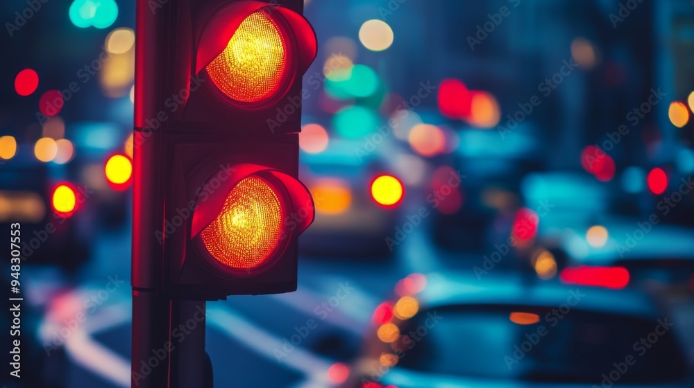 Aufkleber a close-up of a traffic light changing colors with cars waiting at a red light, highlighting the rol