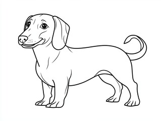 A black and white line drawing of a dachshund dog with a curled tail.