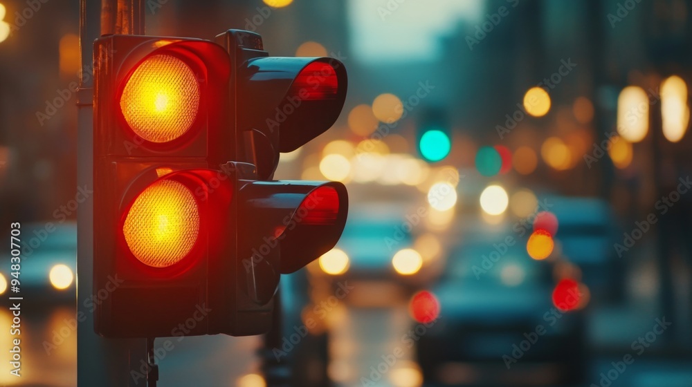 Aufkleber a close-up of a traffic light changing colors with cars waiting at a red light, highlighting the rol