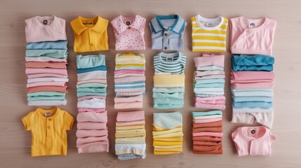 Collection of cute baby clothes arranged neatly on a table