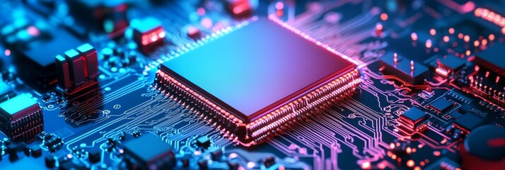 Obraz premium A close-up of a circuit board with a central chip. The chip is illuminated in blue and pink light, creating a modern and futuristic aesthetic. The complex circuitry surrounding the chip symbolizes t