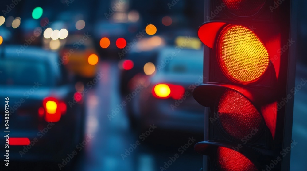 Poster a close-up of a traffic light changing colors with cars waiting at a red light, highlighting the rol