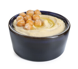 Delicious hummus with olive oil and chickpeas isolated on white