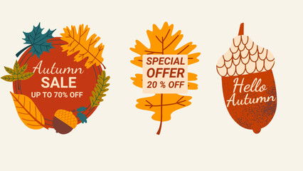 Autumn vector sale budges set. Fall discount collections labels with different cute cartoon elements. © Aliaksandra