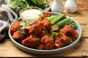 Tasty cauliflower buffalo wings, sauce and celery on wooden table, closeup