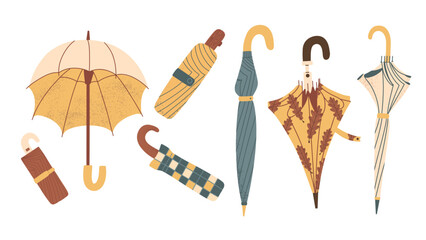 Open, closed umbrellas hand-drawn set. Cute colorful various accessories. Vector illustration