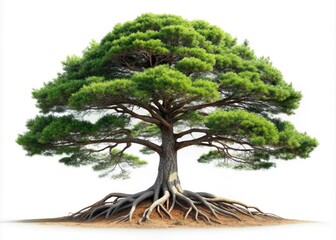 A majestic lone pine tree with intricate visible roots stands isolated on a pristine white background, radiating serenity, growth, and the essence of natural beauty.