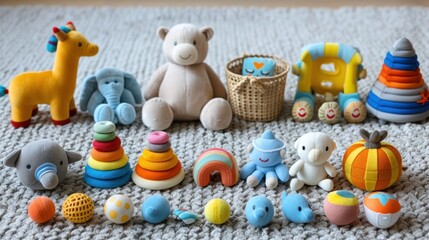 Collection of colorful baby toys arranged neatly on a soft rug