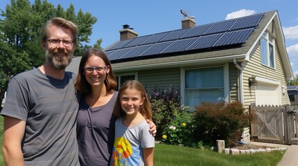Happy family standing in front of house with rooftop solar panels on a sunny day.