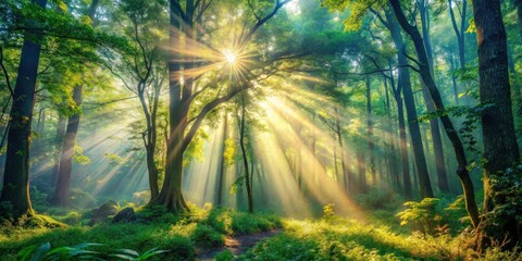 Obraz premium Morning sunlight streaming through the dense forest, creating a magical and ethereal atmosphere
