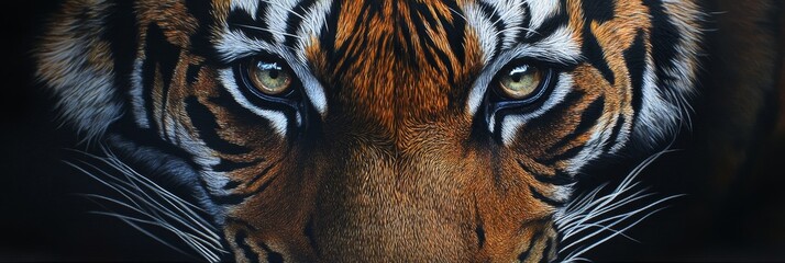 A close-up photograph of a tiger's face, revealing its sharp, piercing eyes, powerful build, and the intricate pattern of its stripes. The image symbolizes strength, wildness, and the untamed beauty o