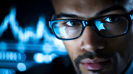 A close-up portrait of a focused businessman, with a stock market chart reflected in his glasses. The image conveys ambition, determination, and the pursuit of success.