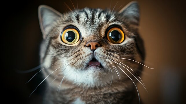 A close-up portrait of a tabby cat with wide, surprised eyes and an open mouth. The cat's expression conveys a sense of bewilderment, curiosity, or fear. The image captures the feline's natural instin