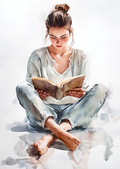 Young woman sitting down and reading in watercolor style.