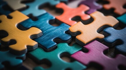 Fototapeta premium A close-up shot of colorful puzzle pieces interlocking, symbolizing teamwork, collaboration, problem-solving, unity, and the interconnectedness of different parts.