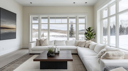 Fototapeta premium A large white sectional sofa is in a living room with a large window