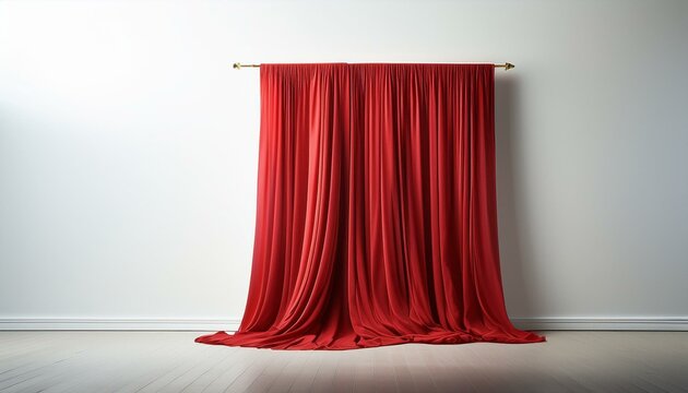 Minimalist composition of a single red curtain against a stark white background.