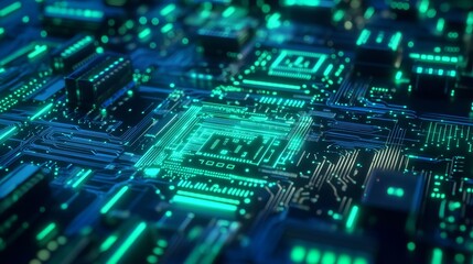 Fototapeta premium A close-up view of a futuristic circuit board with glowing green lines, symbolizing technology, innovation, connectivity, data flow, and the power of computing.