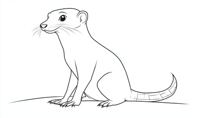 A black and white line drawing of a meerkat sitting on its haunches, looking to the side.