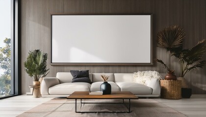 Minimalist living room with oversized blank frame and coffee table for product presentation.