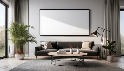 Fototapeta premium Minimalist living room with oversized blank frame and coffee table for product presentation.