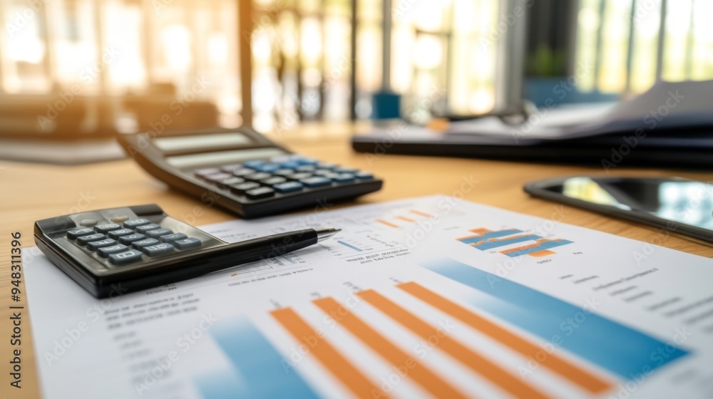 Poster A close-up of business documents, a calculator, and a pen on a desk, with a focus on a financial report and charts, emphasizing productivity and organization.