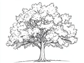 A detailed line drawing of a large tree with a thick trunk and branches spreading out in a large canopy of leaves.