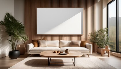 Minimalist living room with oversized blank frame and coffee table for product presentation.