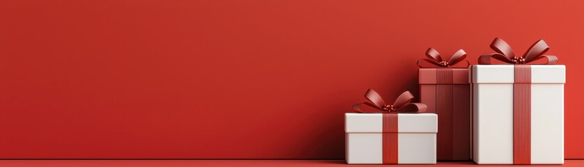 Red background, Christmas gifts, minimalistic flat lay, 3D illustration