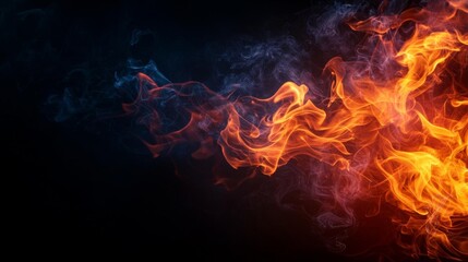 Fototapeta premium Bright, vivid flames on a dark black backdrop, surrounded by dynamic, drifting smoke