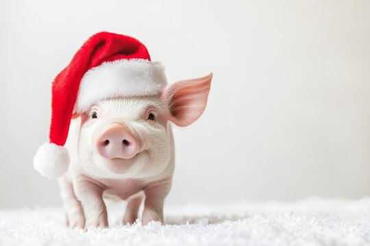 Cute little pig in Santa Claus hat on white background with copy space