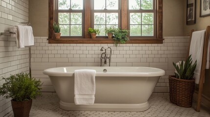 Fototapeta premium A contemporary farmhouse bathroom with white subway tile, a freestanding soaking tub, and natural elements. The room features warm, neutral colors and a simple, elegant design.