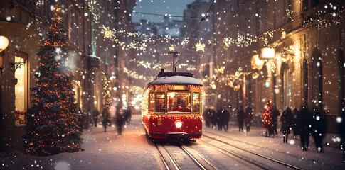 Fototapeta premium Winter Snowfall, Christmas vintage tram and old street decorated with lights