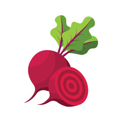 Red beets with green leaves and one beet cut in half on a white background.