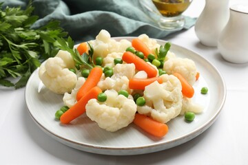 Tasty cauliflower with baby carrots and green peas on white table, closeup