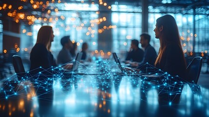 Professional Roundtable Discussion: Business leaders in conversation at a roundtable, with a blurred network background showcasing the flow of ideas and collaboration.