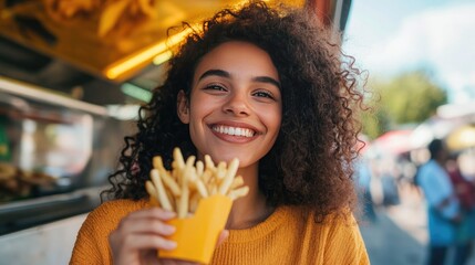 Smiling young woman with curly hair eating fries at a food stand outdoors, exuding a carefree and joyful vibe.