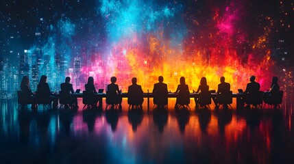 Obraz premium Collaborative Business Discussion: Executives engaged in a roundtable discussion, with an abstract network background that represents the interconnectedness of ideas and professional collaboration.