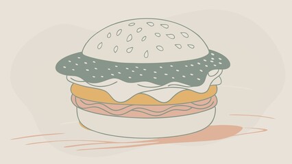 A simple line drawing illustration of a burger with a sesame seed bun, lettuce, cheese, and a beef patty.