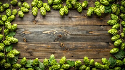 Wooden background with a fresh green hop frame for a rustic and natural look