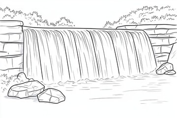 A black and white line drawing illustration of a waterfall cascading over rocks and into a pool of water.