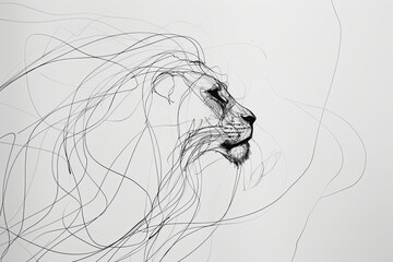 A line drawing of a lion's head in profile, with a dynamic and abstract background of swirling lines.