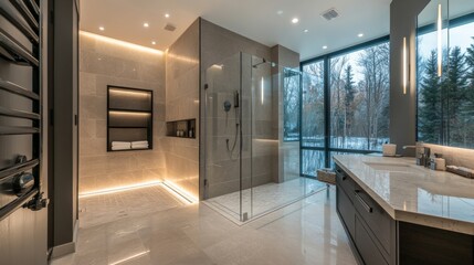 A large bathroom with a glass shower stall and a walk in shower