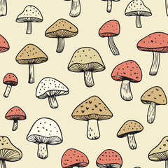 Vintage seamless pattern with mushroom. Doodle cartoon. Illustration, for print, fabric, wallpaper