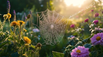 A delicate spider web, glistening with morning dew, hangs suspended in a sunlit garden, symbolizing fragility, intricate beauty, and the delicate balance of nature.